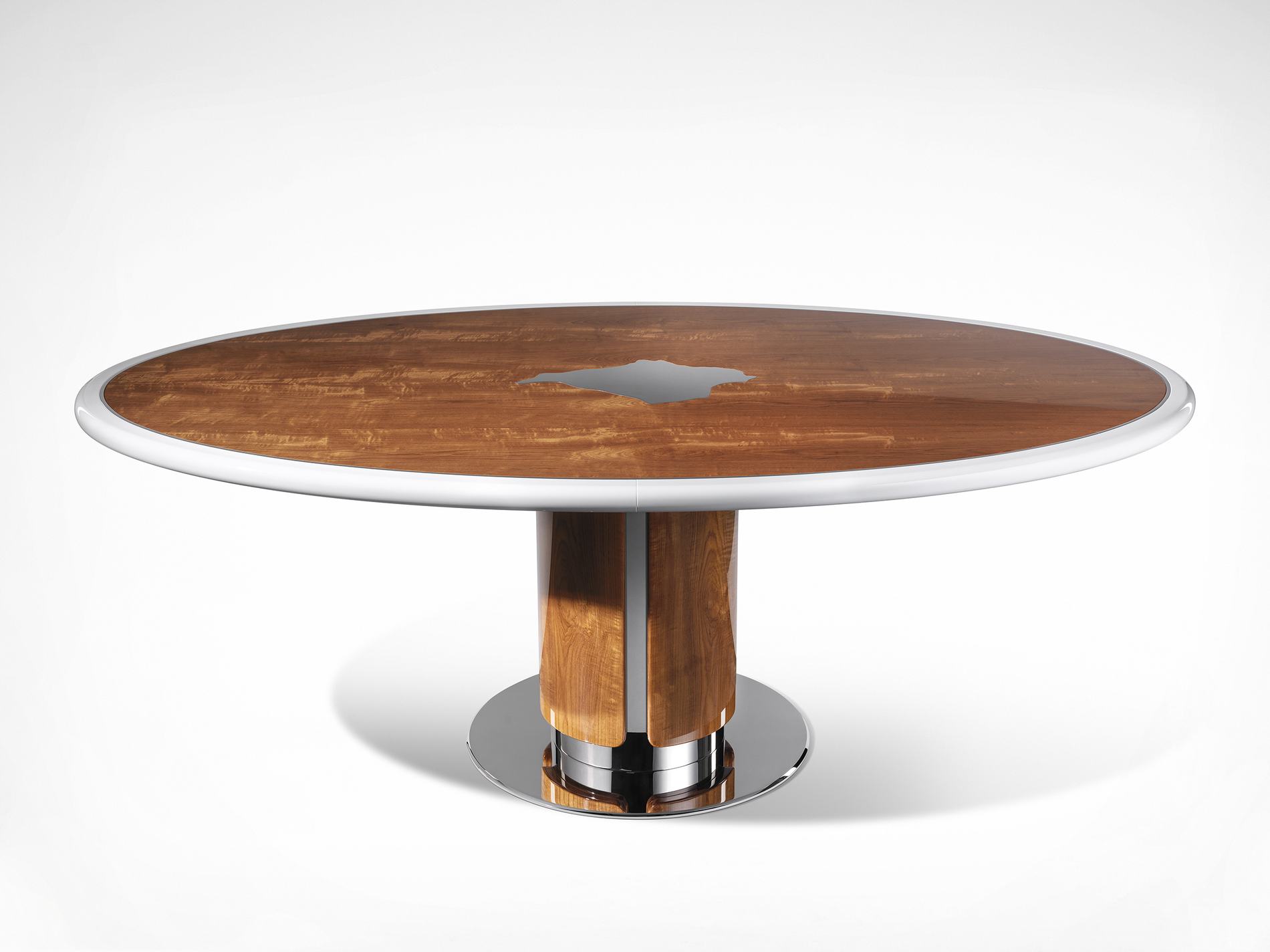 Bespoke oval table with inlaid detail, three-quarter view